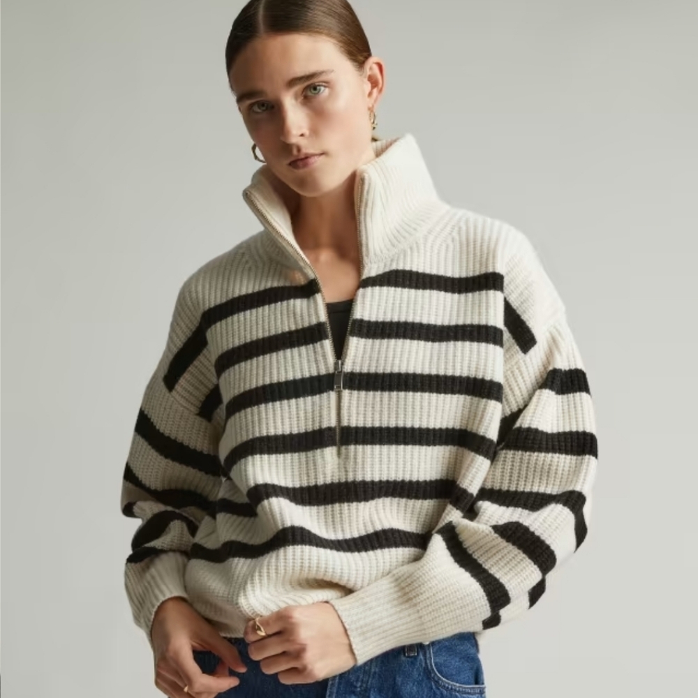 Everlane Black and Cream Striped Half Zip Sweater